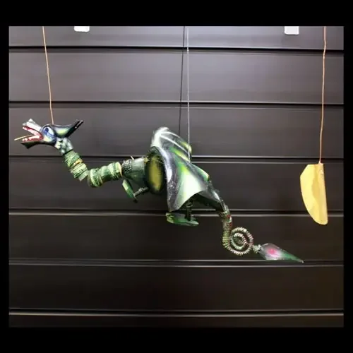Large green coconut dragon mobile, 50cm, hanging whimsical decorative ornament.