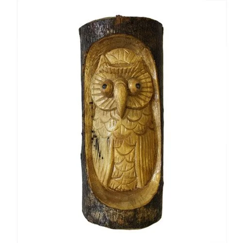 Owl perched inside a small wooden trunk, 24x11x5cm, owl trunk decor