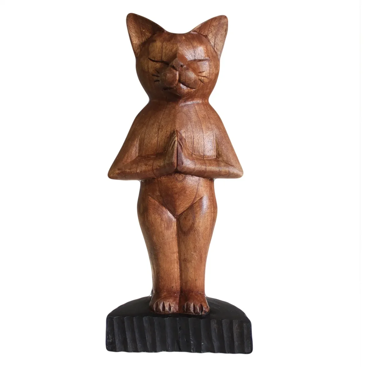 Standing cat figurine carved in wood, cosy yoga pose, detailed handcarved design.