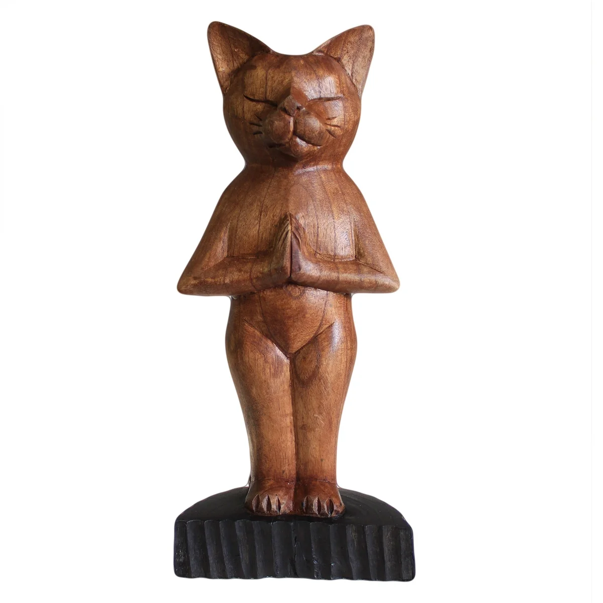 Standing handcarved yoga cats displayed together as a yoga cat ornament set