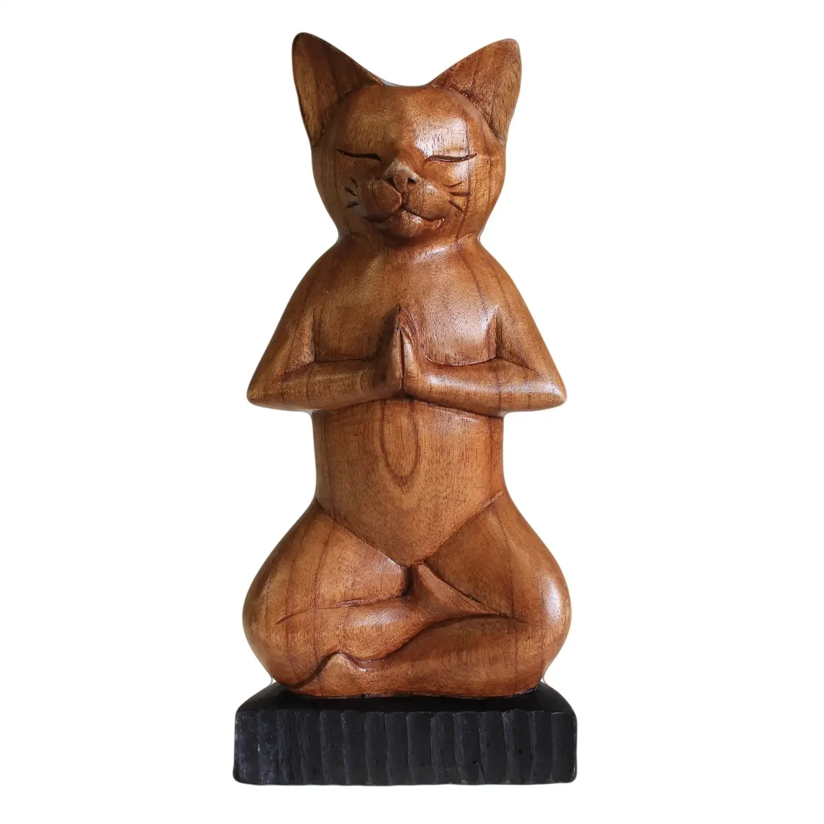Handcarved lotus yoga cat ornament in a seated pose, showcasing detailed craftsmanship and smooth finish