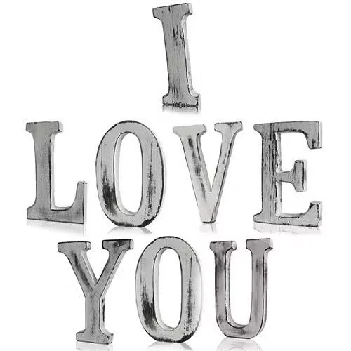 letter wall decor set with 8 letters forming “I LOVE YOU” in shabby chic style.
