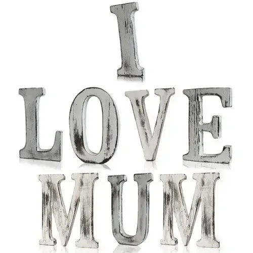 Shabby chic letters in set spelling I LOVE MUM, eight letters displayed side‑by‑side.