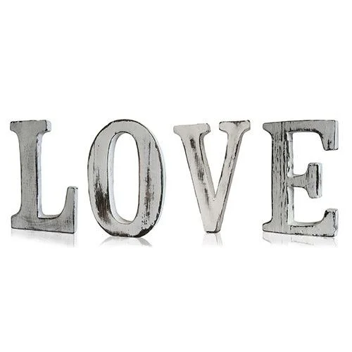 Four shabby chic LOVE letters displayed, showcasing distressed lettering