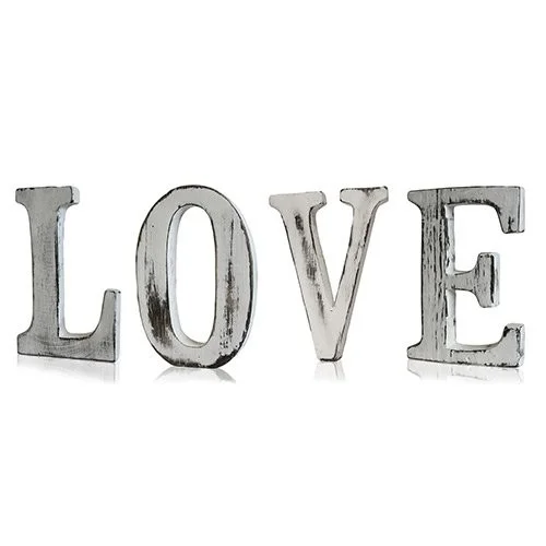 Set of four shabby chic wall letters spelling LOVE in classic distressed design.