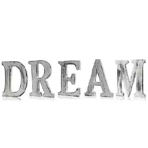 Set of five shabby‑chic letters spelling DREAM, displayed on a wall as a decorative wall letters set