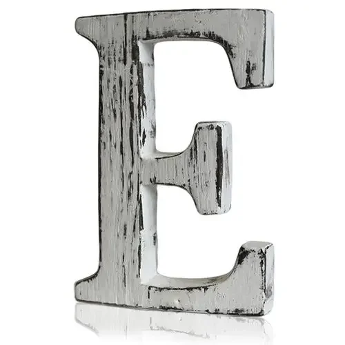 Shabby chic letter E with worn, distressed finish, classic vintage style, upright vertical display.