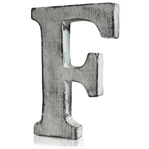Shabby chic letter F wall decor trimmed with distressed style on a wall.