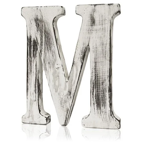 M letter in rustic shabby chic wall art, worn metal finish, vintage look.