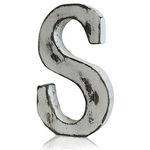 Shabby chic alphabet letter S displayed in a vintage distressed style.