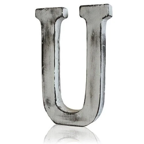 Shabby chic U letter with distressed edges and warm wood grain, displayed front‑on in a calm, neutral backdrop.