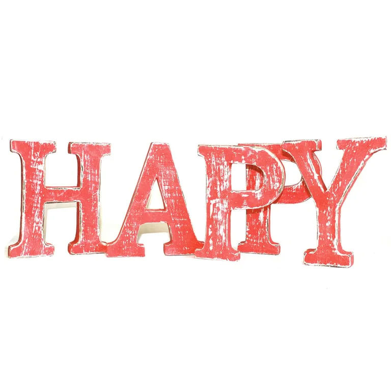 Red wash shabby chic wall letters spell HAPPY, set against a vintage textured background.