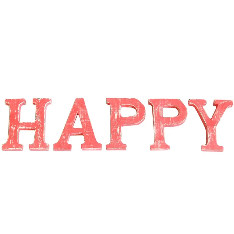 Red wash wall letters spelling HAPPY in a shabby chic style.