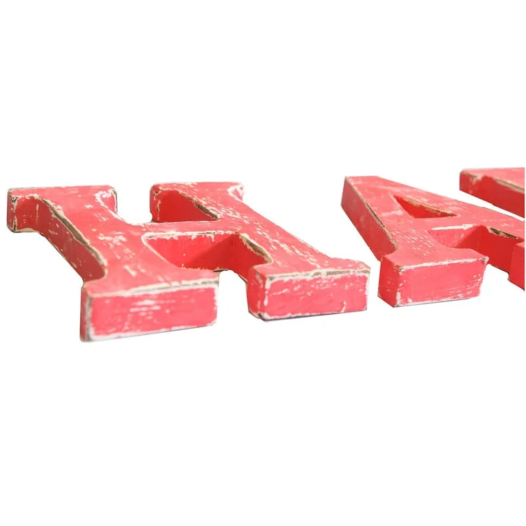 Shabby chic red wash wooden letters spelling HAPPY, ideal happy wall decor