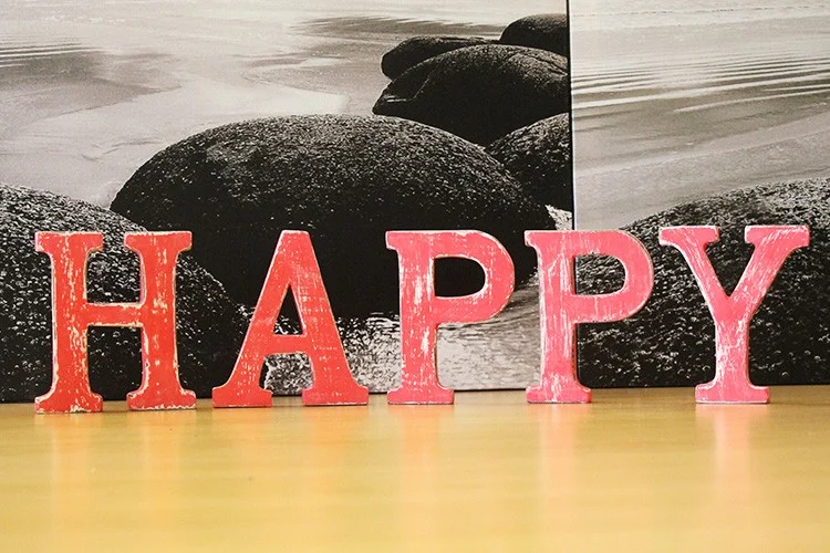 Red wash 'HAPPY' letters, shabby chic home decor.