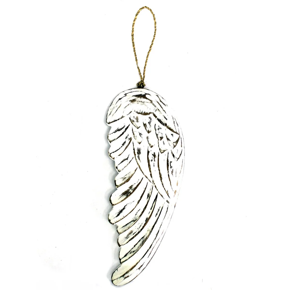 Hand crafted angel wing, 30 cm long, mounted on a simple wooden base and displayed against a neutral backdrop.