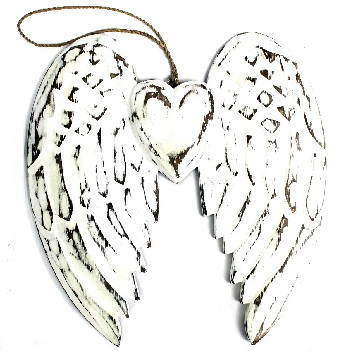 Handcrafted double angel wing and heart charm, 24 cm, featuring detailed metal wings and a heart motif.