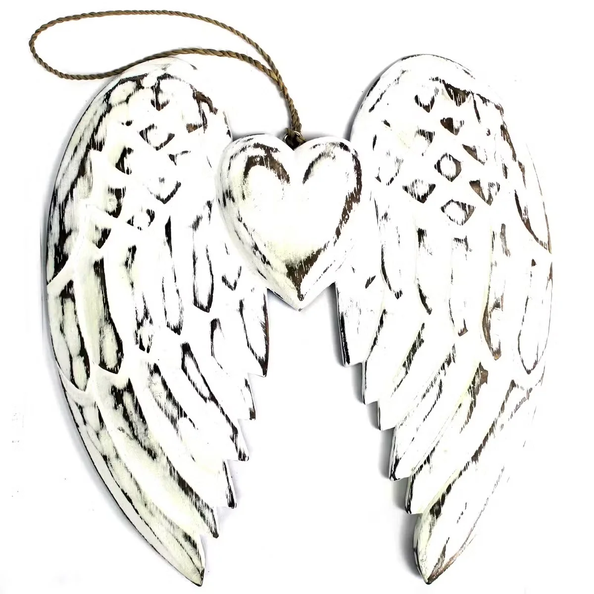 Handcrafted double angel wing and heart sculpture as 24cm wall decor.