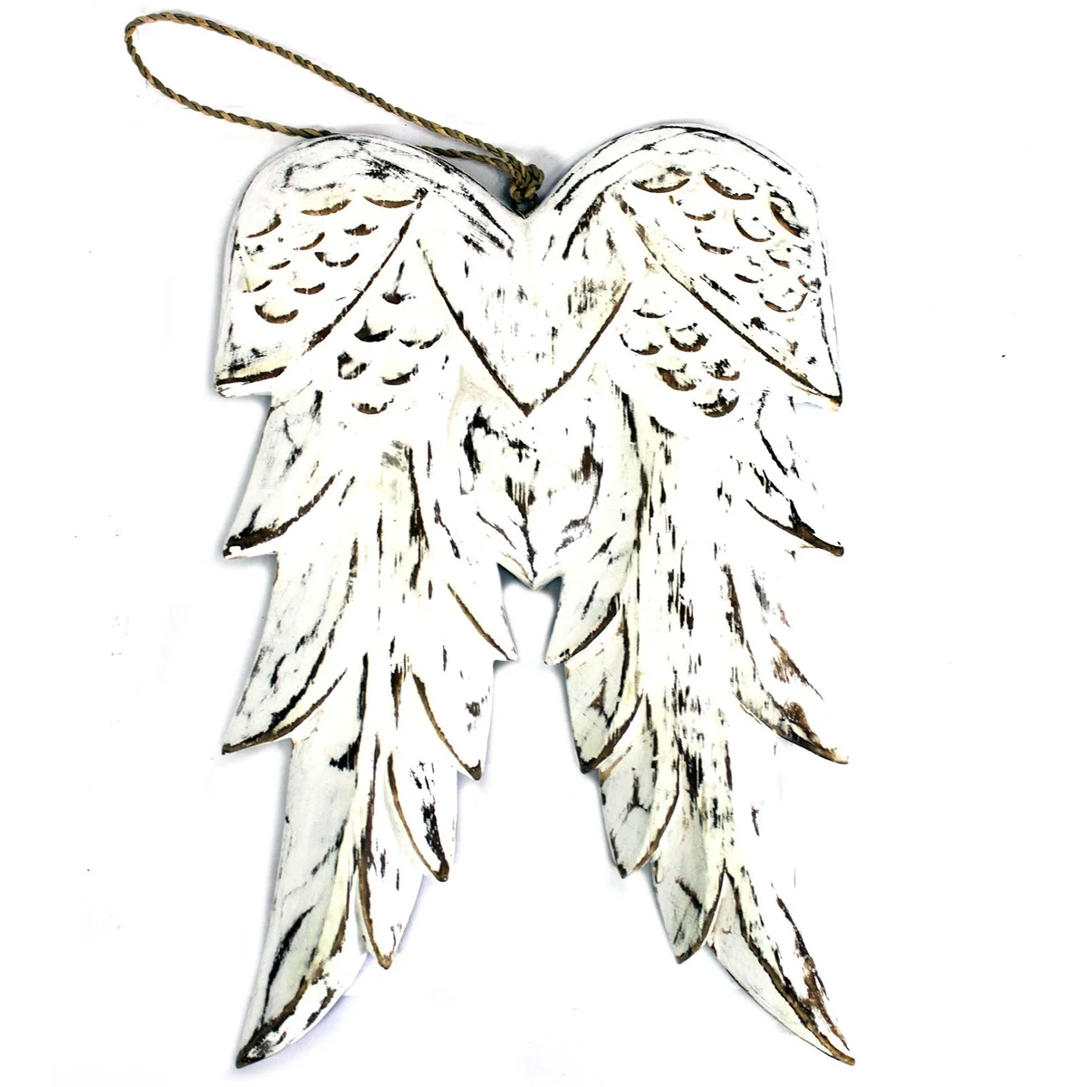 Hand crafted angel wing design, a delicate double wing sculpture measuring 31 cm, in a close‑up side view.