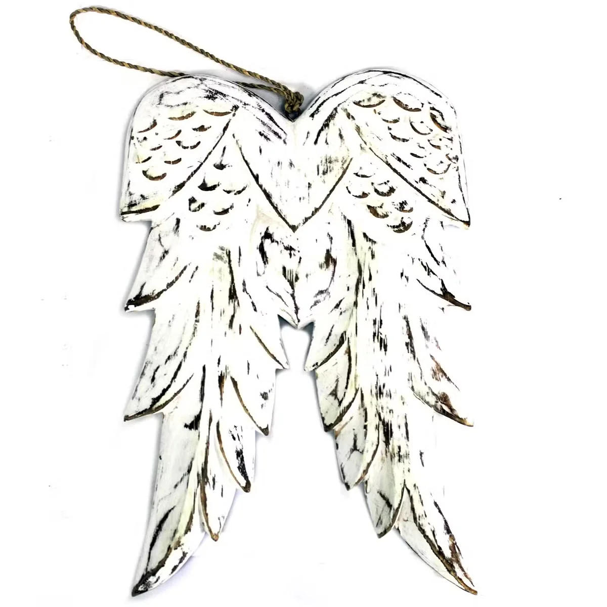 Bright aluminum hand‑crafted double angel wing ornament measuring 31 cm, displayed upright.