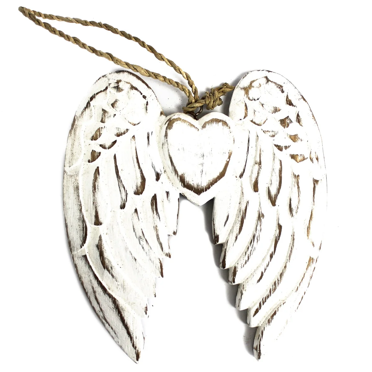 Handcrafted double angel wing and heart pendant featuring a small angel wing, 15cm length.