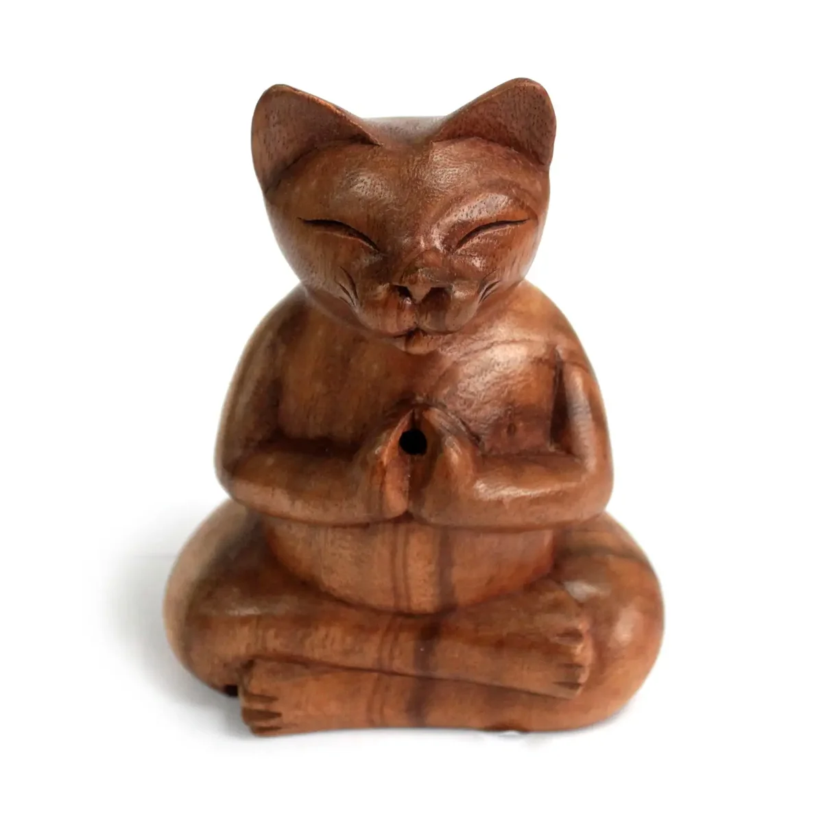 Wooden incense burner carved into a large yoga cat shape, showing detailed wood texture and subtle carving.