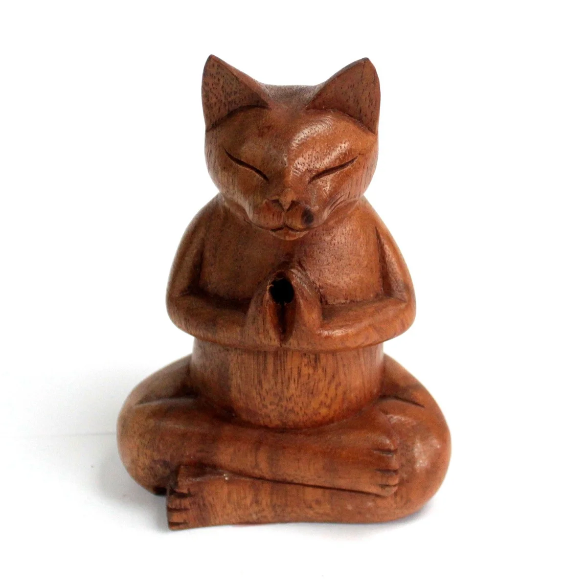 Wooden incense burner, carved into a cat figure, featuring a med yoga cat design