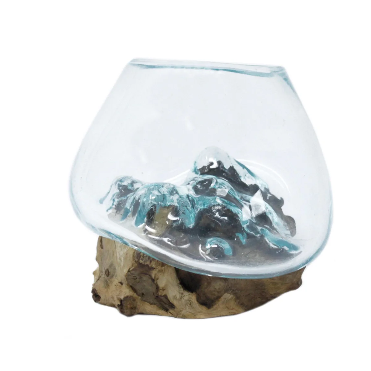 Small glass bowl with molten glass design on wooden base