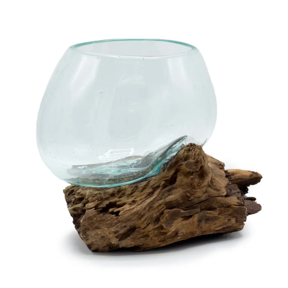Medium‑size bowl of molten glass perched on wood, a stylish glass on wood bowl.