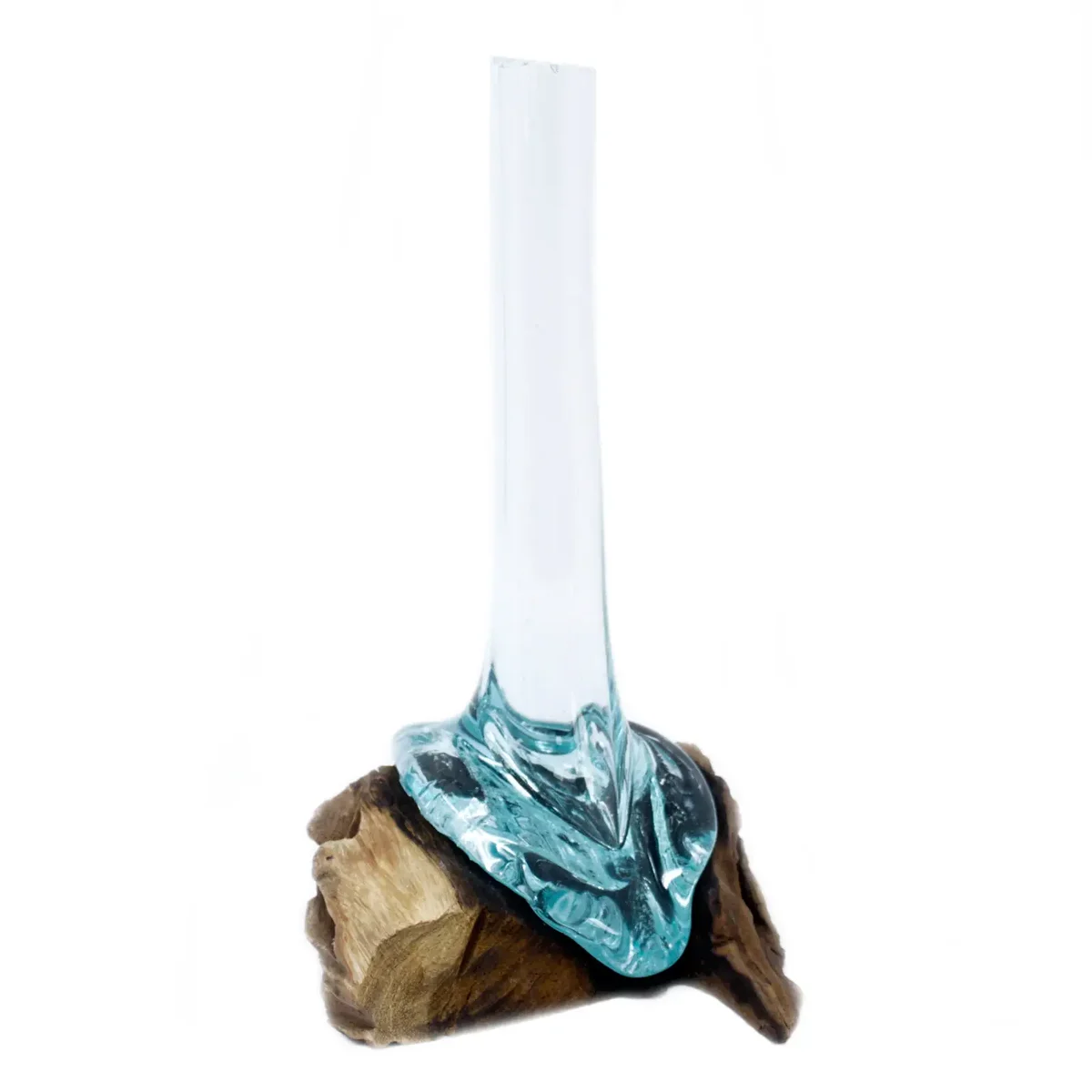Molten glass vase with wooden base, crystal‑clear glass over wood.
