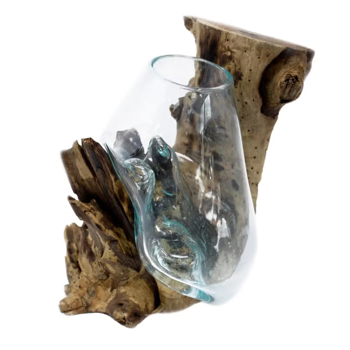 handmade hanging bowl with molten glass decoration on a wooden base