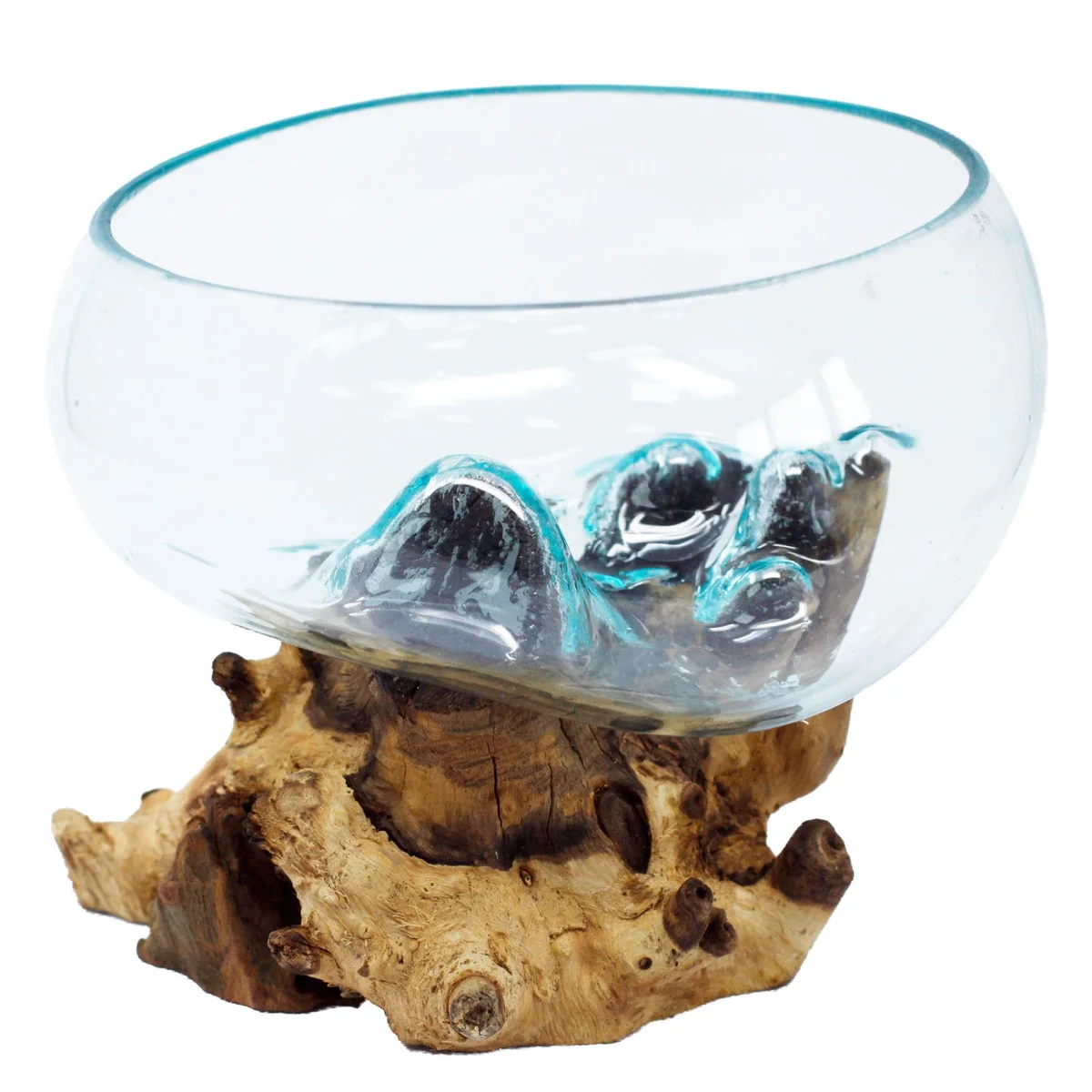 Large molten glass bowl resting on a wooden base, open design with glossy iridescent surface.