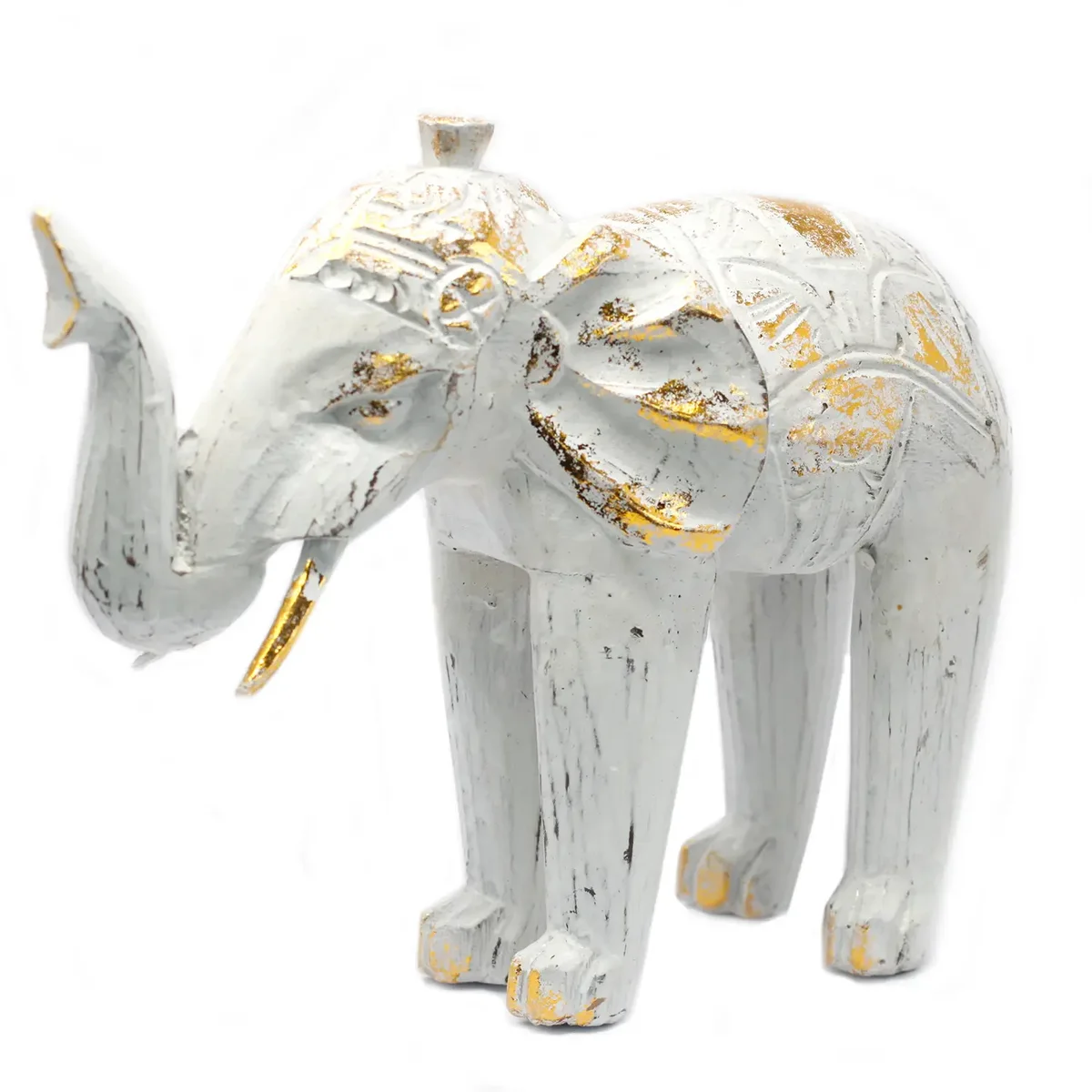 White gold elephant carved from wood, detailed sculpture with polished finish