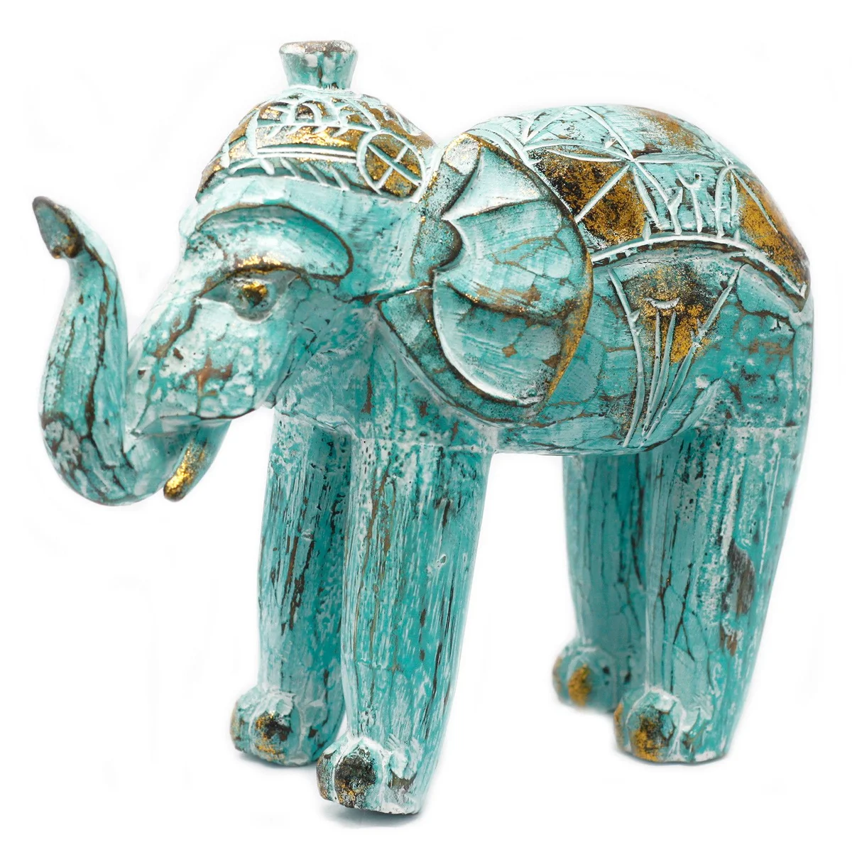 Turquoise gold wooden elephant figurine with carved details, a decorative wooden elephant sculpture.
