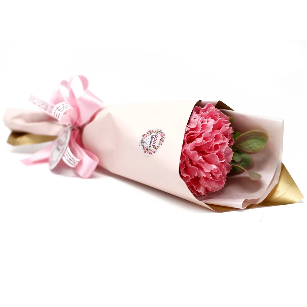 carnation soap flower bouquet displayed on a simple background