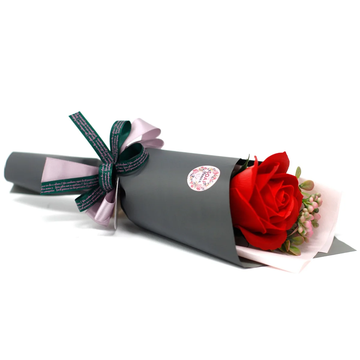 Soap flower rose bouquet in delicate rose shape, colourful petals, soft soap bloom