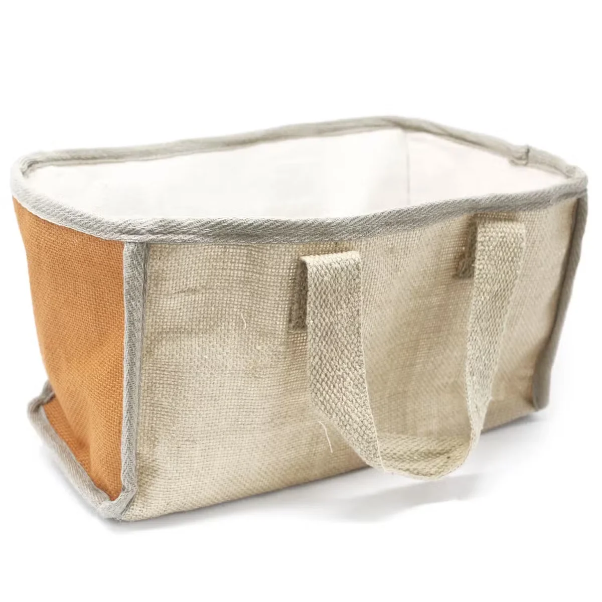 Large storage basket in turmeric tone, 33x18x20cm, open top with wooden handles.