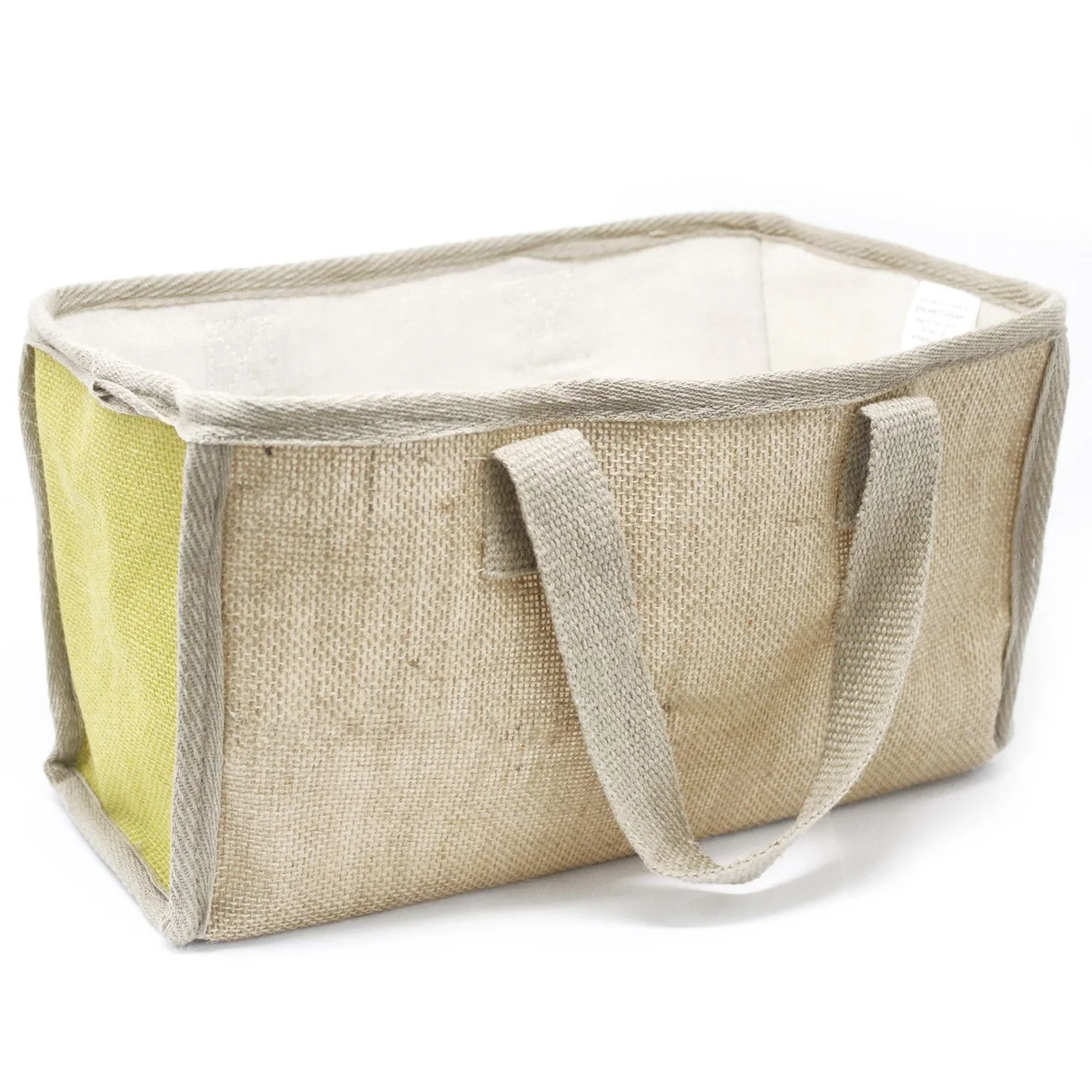 Large olive shopping basket on display, bright olive fabric, sturdy weave, with long handles, 33x18x20cm.