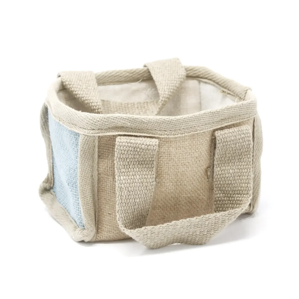 Teal mini basket with woven handle, bright colour, 16x10x12cm, shown from side view.