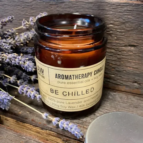 Aromatherapy candle labeled Be chilling