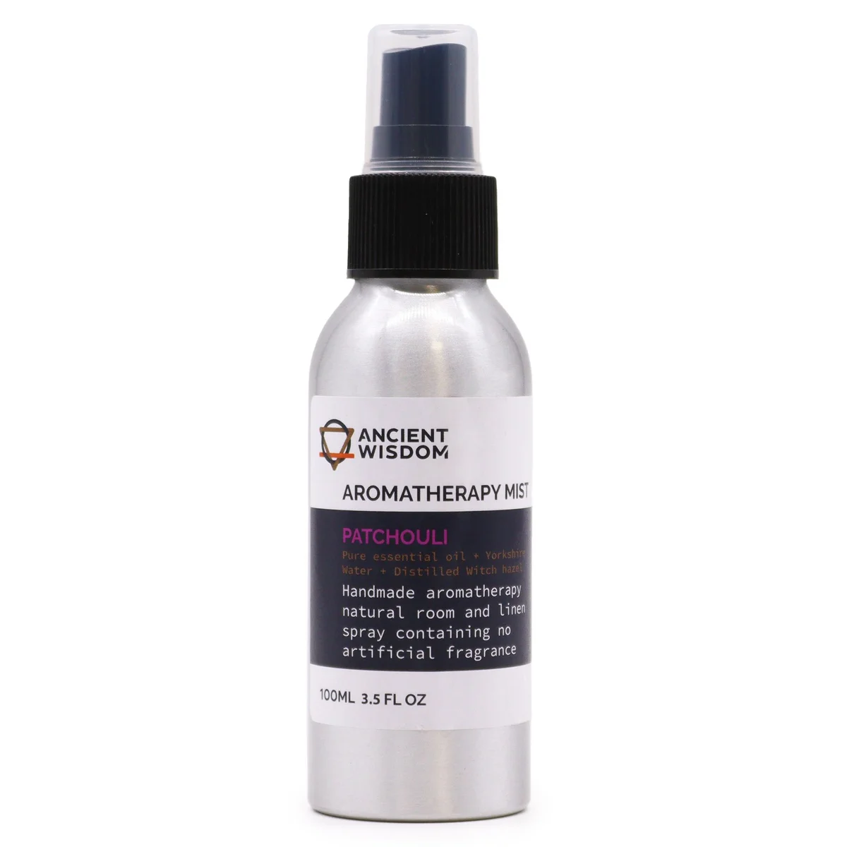 Clear glass spray bottle with 100ml patchouli essential oil mist label