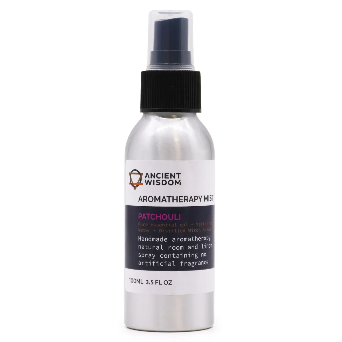 Clear 100 ml bottle of patchouli oil spray shown on wood background, with white label and metal cap.