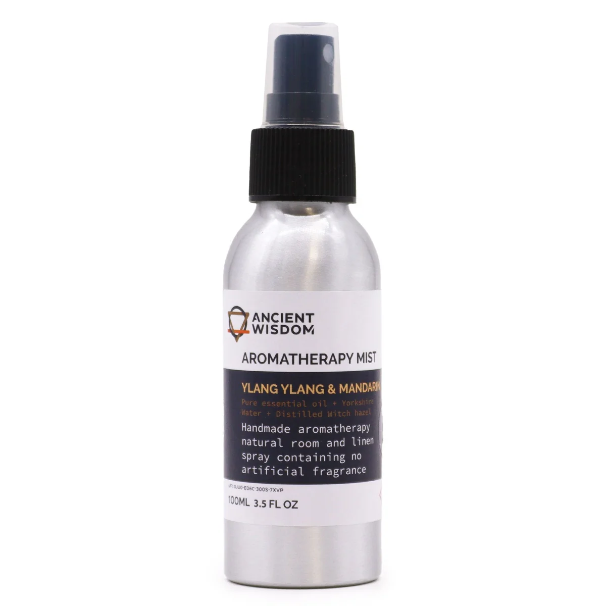 Glass bottle of 100ml ylang ylang essential oil mist with a sleek label, featuring a canister and minimalist design.