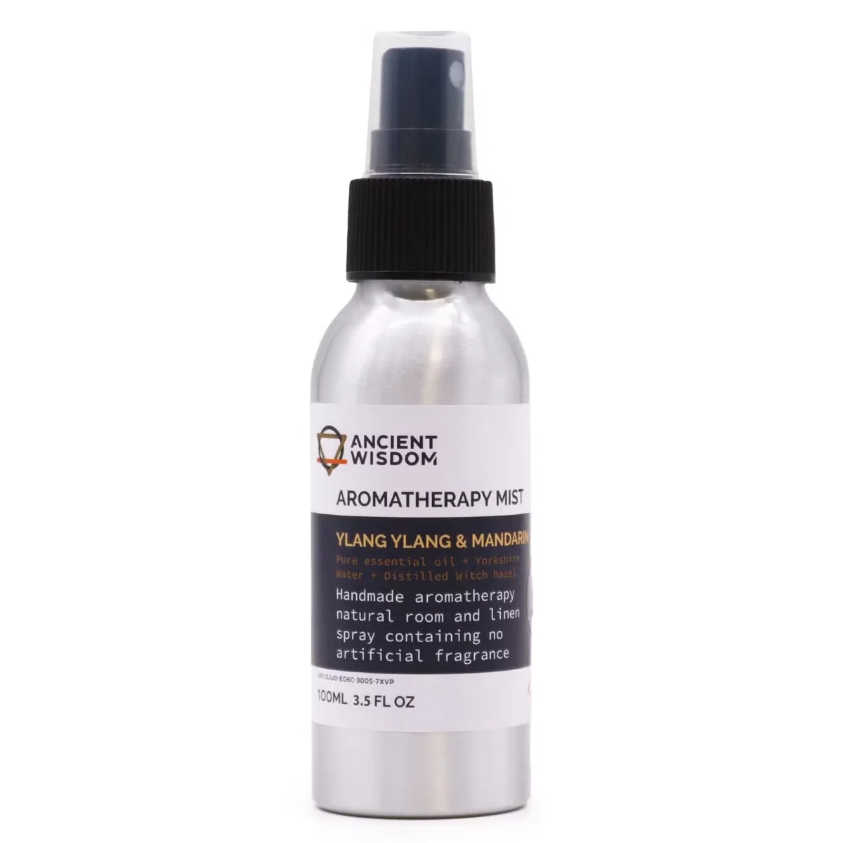 Clear glass spray bottle holding 100ml essential oil, labeled Ylang Ylang & Mandarin, with aerosol sprayer