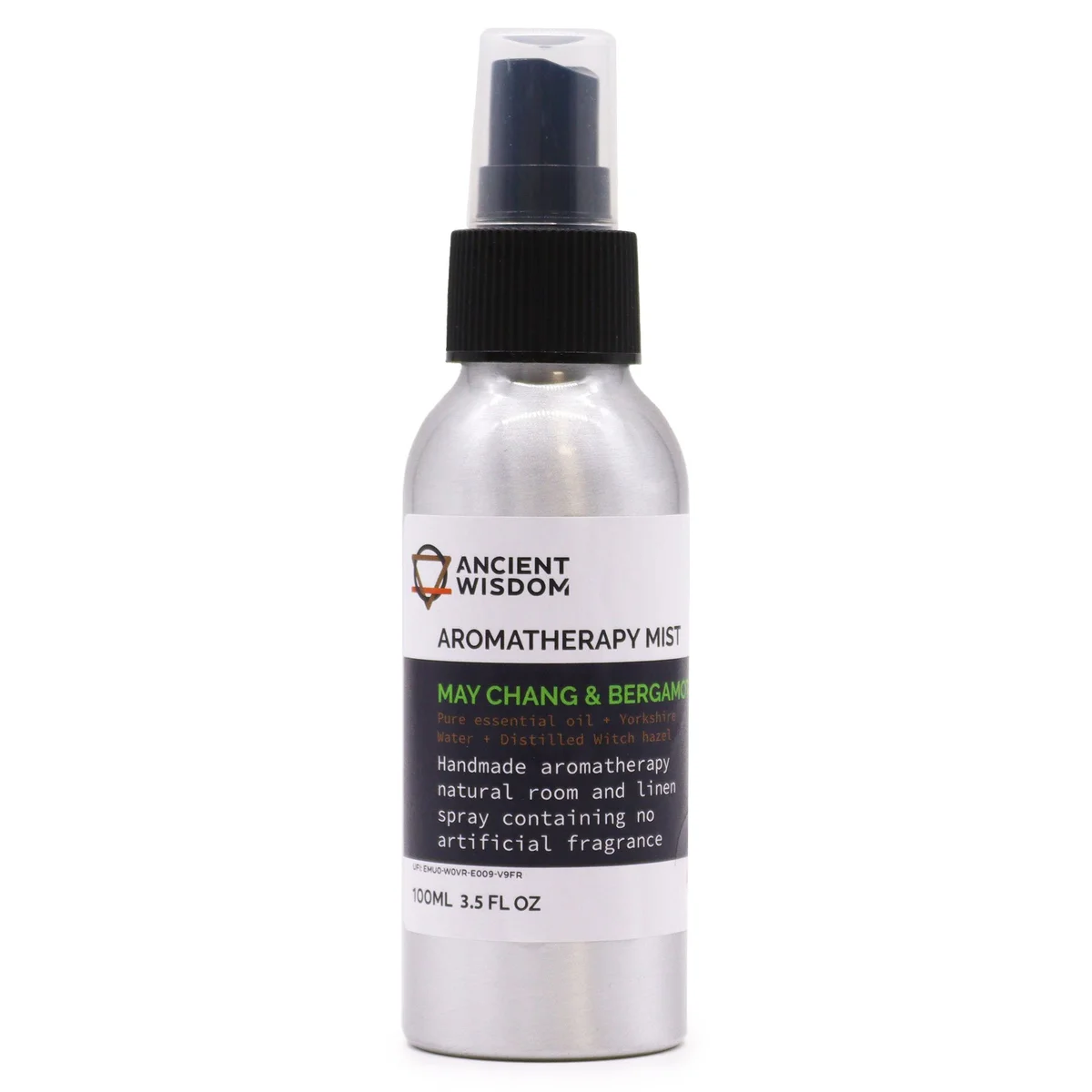 100ml clear bottle of May Chang essential oil mist with black and white label reading May Chang & Bergamot.