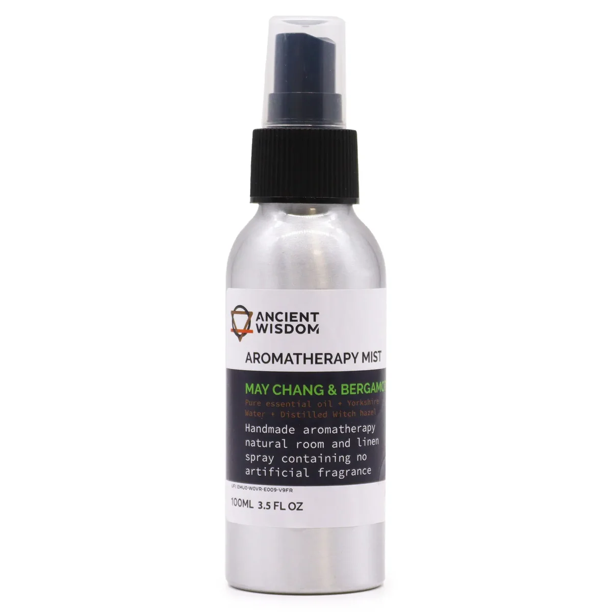 Clear glass bottle of 100ml May Chang & Bergamot essential oil mist, with a metal cap.
