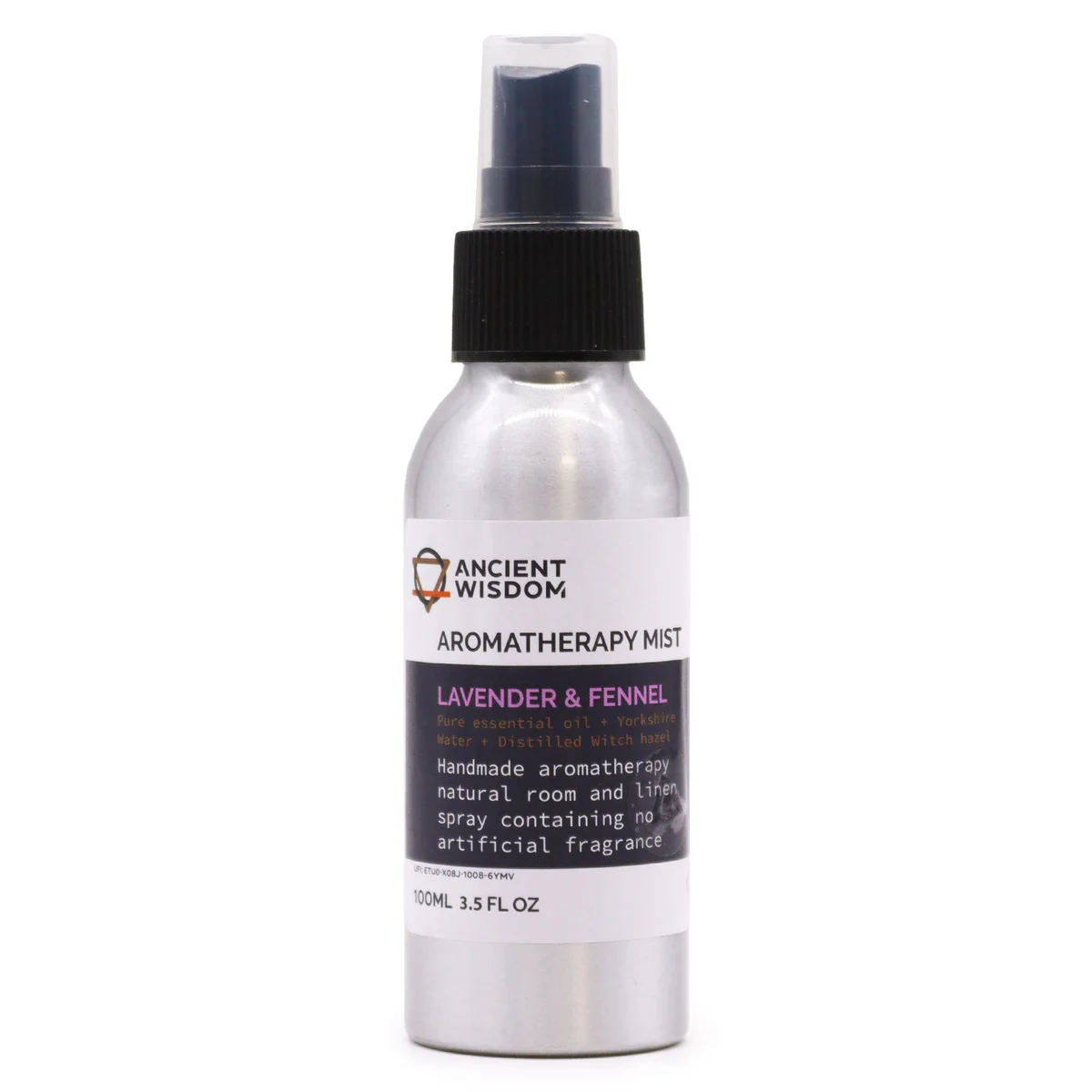 Clear 100ml bottle labeled lavender fennel essential oil mist in a soft pink background