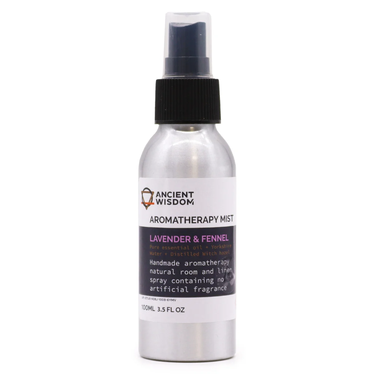 Clear glass 100ml bottle with silver cap labeled lavender & fennel, containing lavender oil mist.