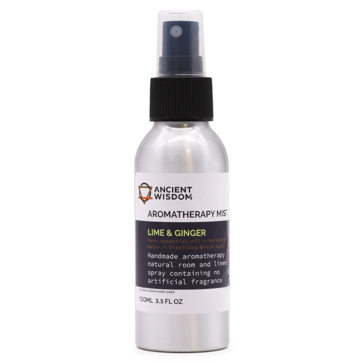 Clear glass 100ml bottle with green label, containing lime ginger essential oil mist