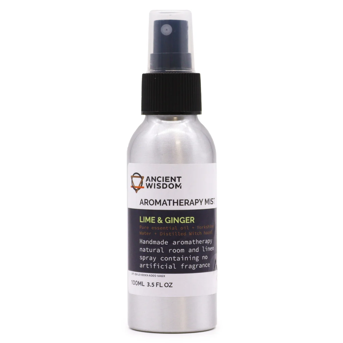 Clear glass bottle labeled 100ml essential oil mist, lime and ginger fragrance.